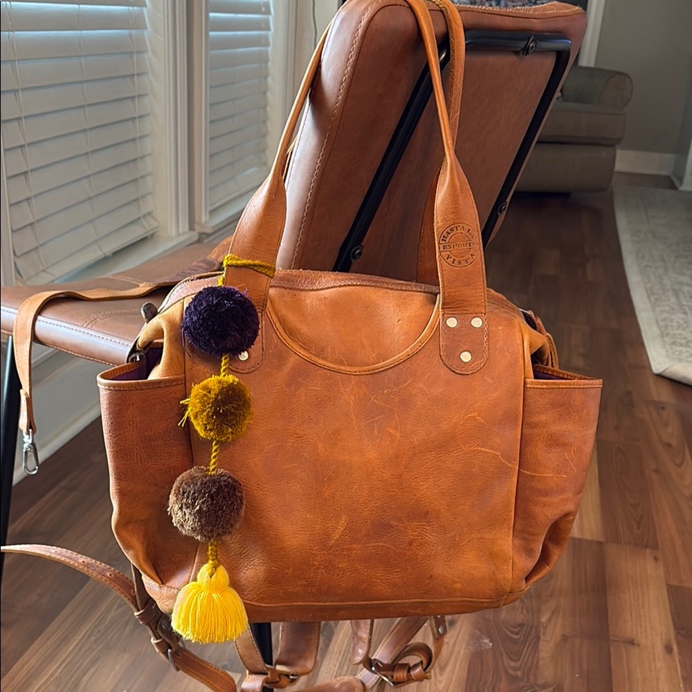 Hasta La Vista Exports Brown Leather Large Convertible Backpack with Pom